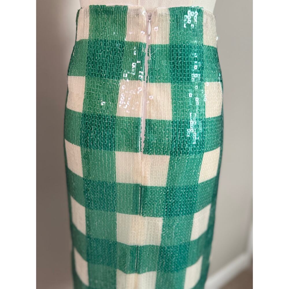 Brooks Brothers Green Gingham Sequin Pencil Skirt Size 8 Midi Party - Picture 3 of 7